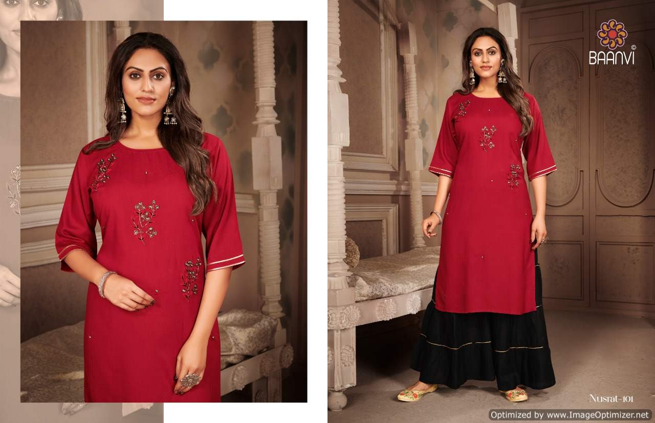 Baanvi Nusrat 1 Fancy Ethnic Wear Rayon Slub Hand Work Kurti With Bottom Collection